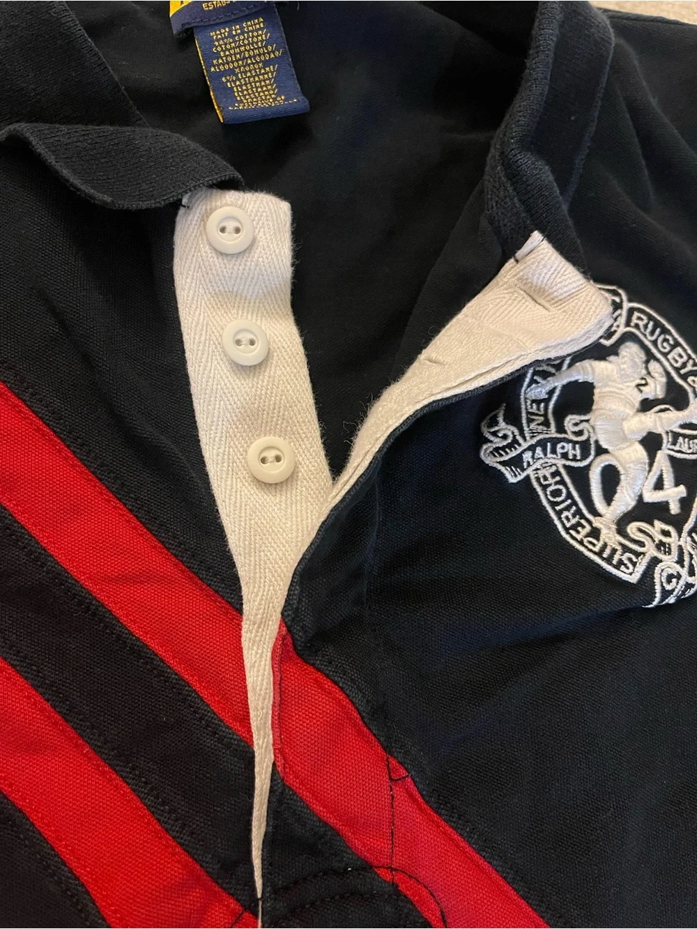 Ralph Lauren Black Polo with Red Diagonal Stripes and Crest